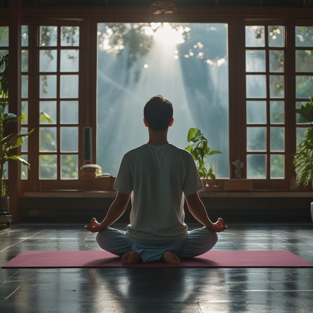 Suasana meditasi di ruangan bercahaya lembut dengan seseorang duduk bersila di atas matras yoga, tangan di atas lutut, latar belakang dinding putih bersih dengan sinar matahari pagi masuk melalui jendela horizontal
