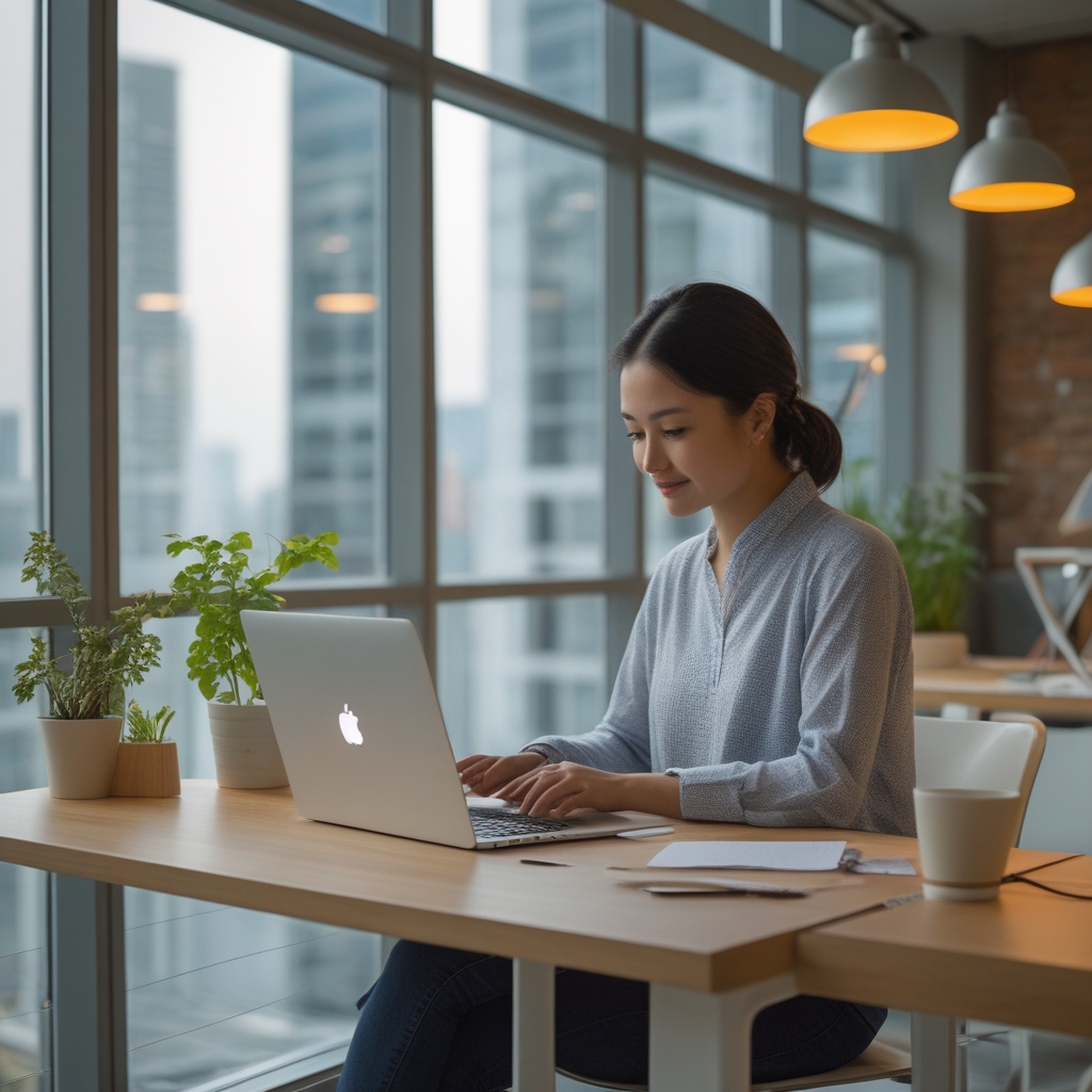 Meja kerja modern yang bersih dengan laptop tipis, gelas air, tanaman kecil, dan pencahayaan alami dari jendela besar, suasana ruang kerja yang seimbang dan tertata untuk produktivitas yang berkelanjutan, tidak ada orang