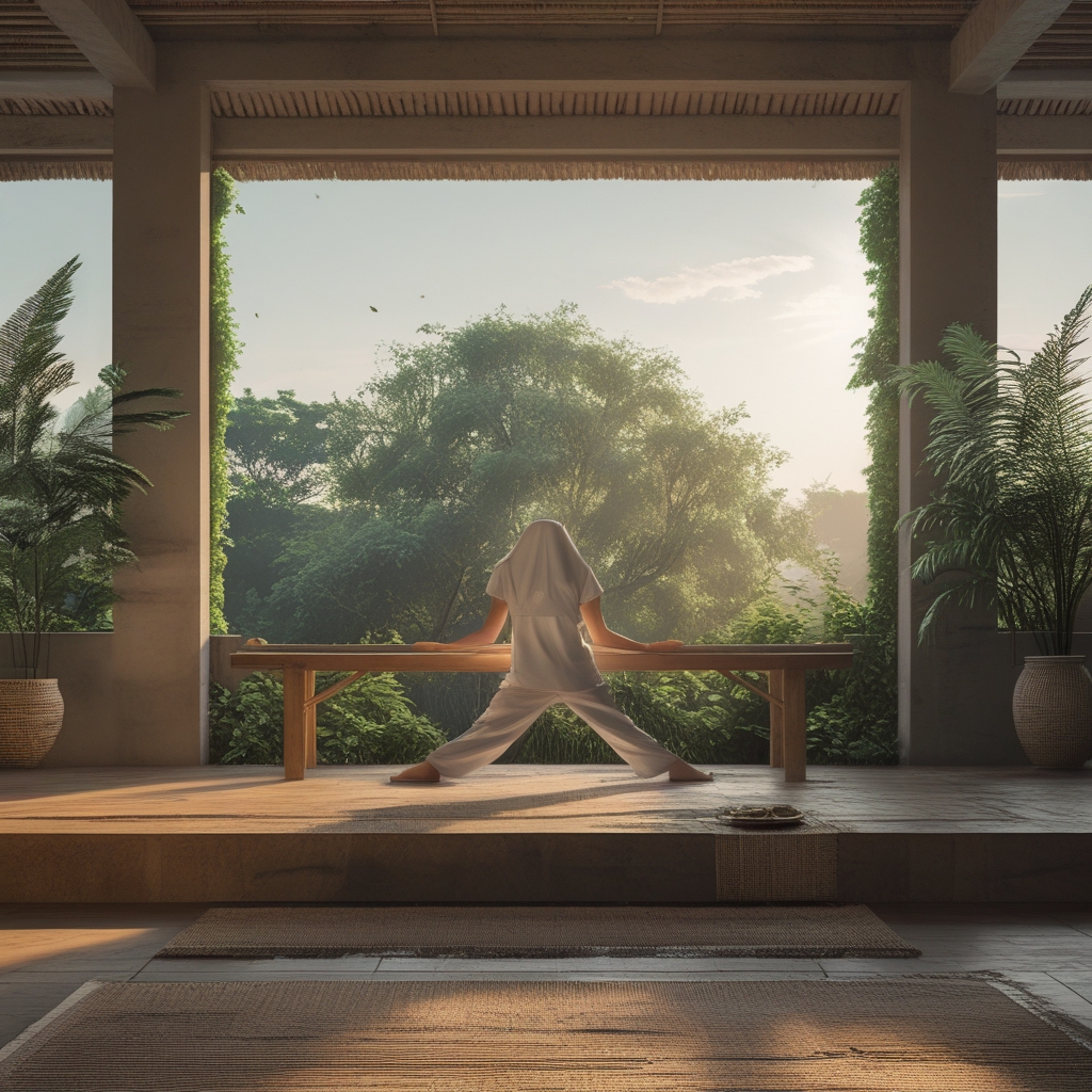 Ruang interior yang tenang dan bersih dengan jendela besar menghadap taman hijau di kejauhan, kursi kayu sederhana menghadap ke luar, cahaya alami pagi hari yang lembut masuk, suasana meditasi dan keheningan