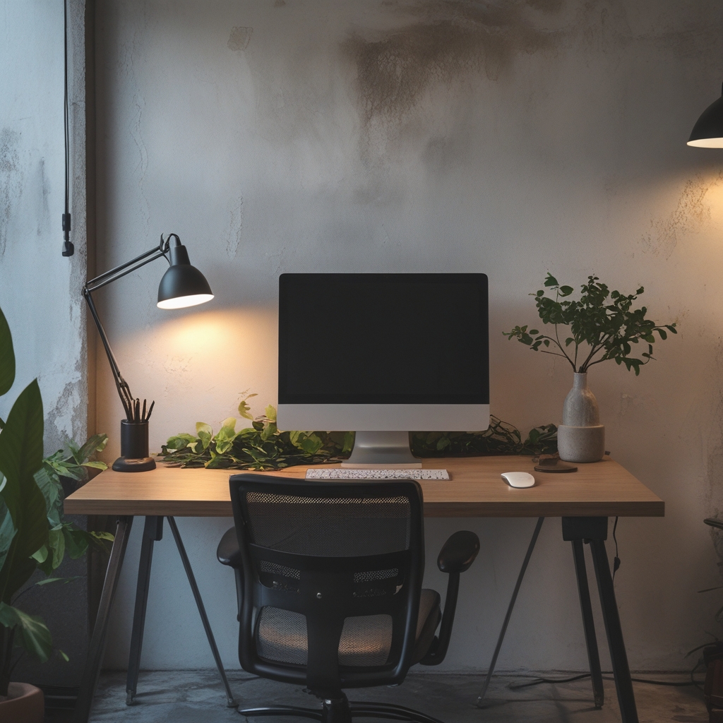 Meja kerja modern yang tertata rapi dengan monitor komputer pada ketinggian optimal sejajar mata, kursi ergonomis yang dapat disesuaikan, pencahayaan ruangan netral dari lampu meja yang terarah, tidak ada orang