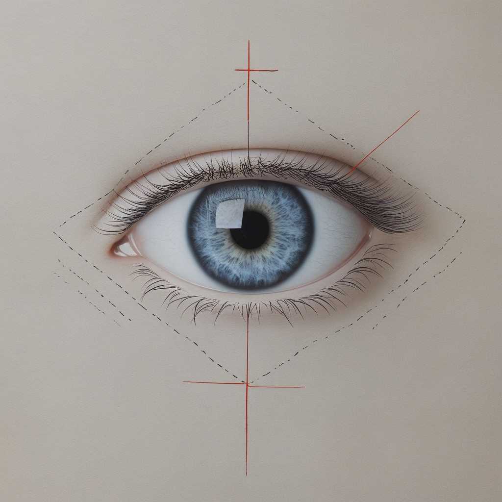 Diagram skematik sederhana penampang melintang bola mata manusia dengan garis-garis tipis dan bentuk geometris yang menunjukkan lapisan-lapisan struktur, digambar dengan gaya teknis pada latar abu-abu gelap, tanpa teks atau label