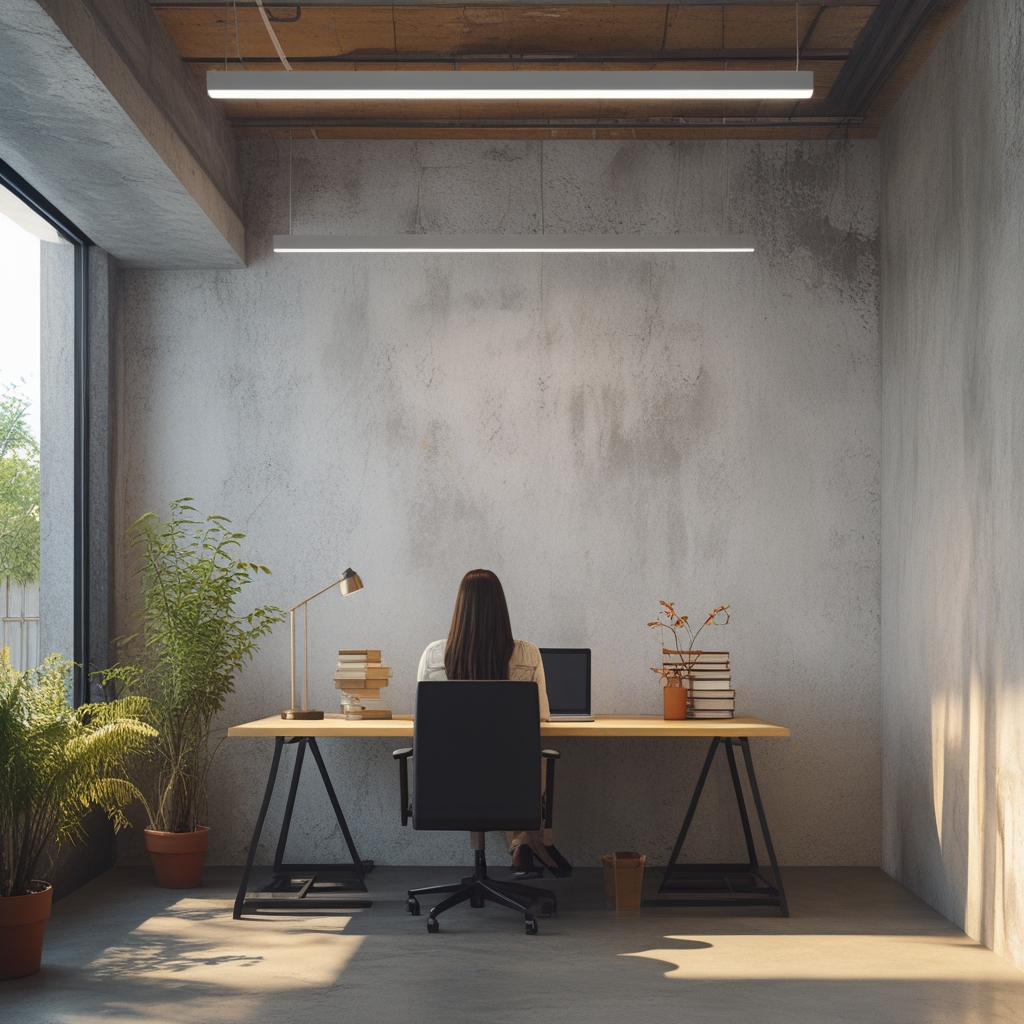 Ruang kerja ergonomis yang tenang dengan pencahayaan alami lembut dari jendela besar, meja kayu bersih dengan laptop tertutup, dan tanaman hijau kecil di sudut, suasana fokus dan ketenangan