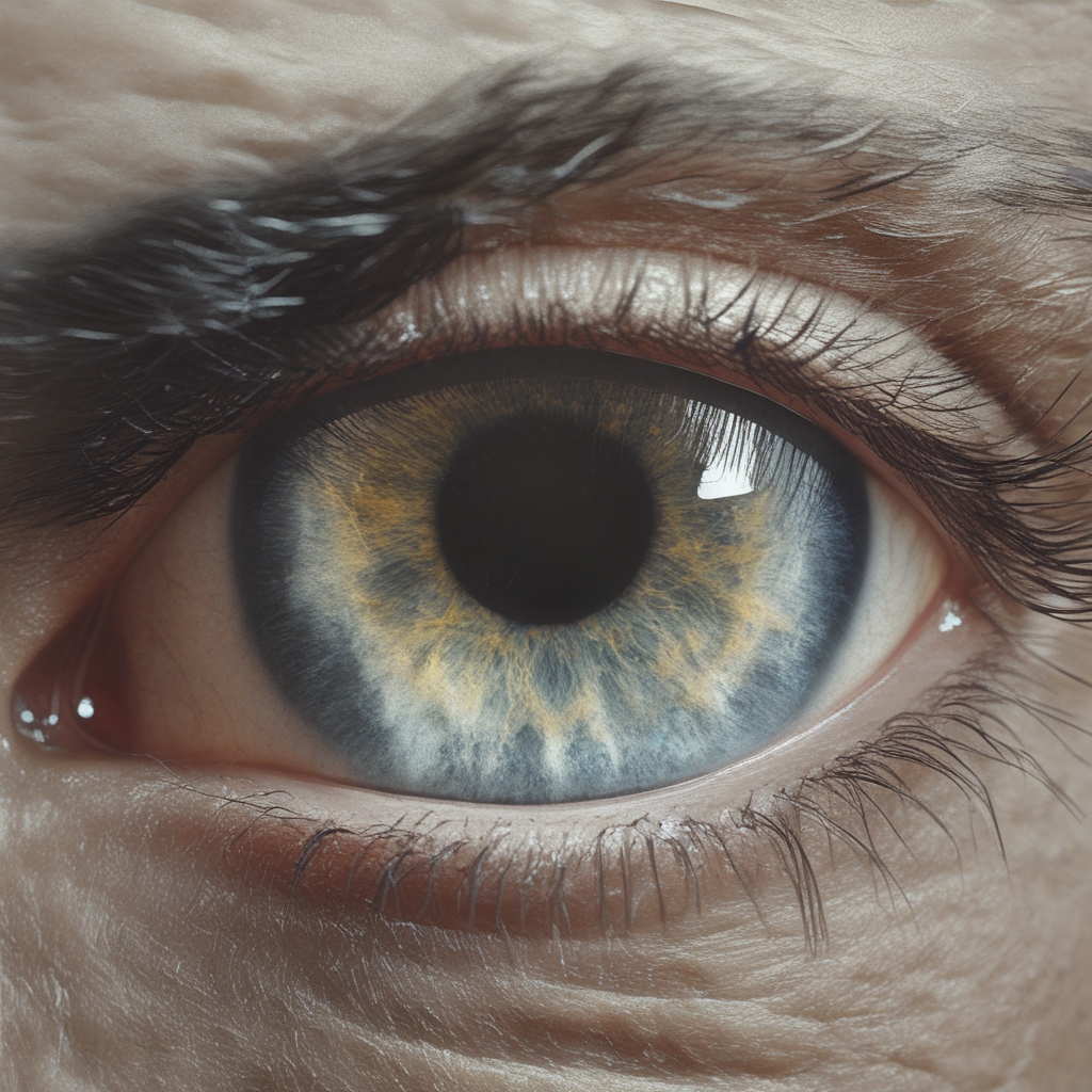 Ilustrasi anatomi mata manusia bergaya klasik dengan detail garis halus pada selembar kertas kusam berwarna krem, seperti gambar dalam ensiklopedia bersejarah, tidak ada label teks